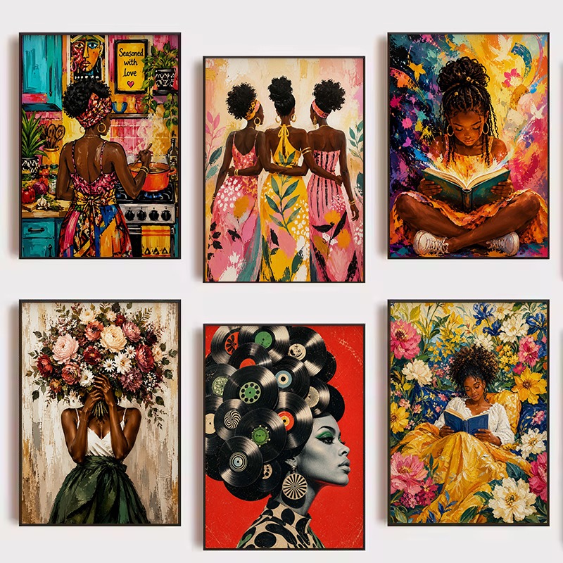Home Cooking Reading - Buntes Afro-Pop-Art-Poster: Schwarze Frau kocht in