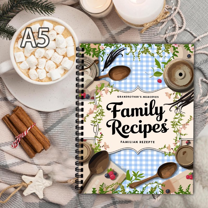 Home Cooking Book - A5 Rezeptbuch, blaues Raster, Weinreben-Design, das